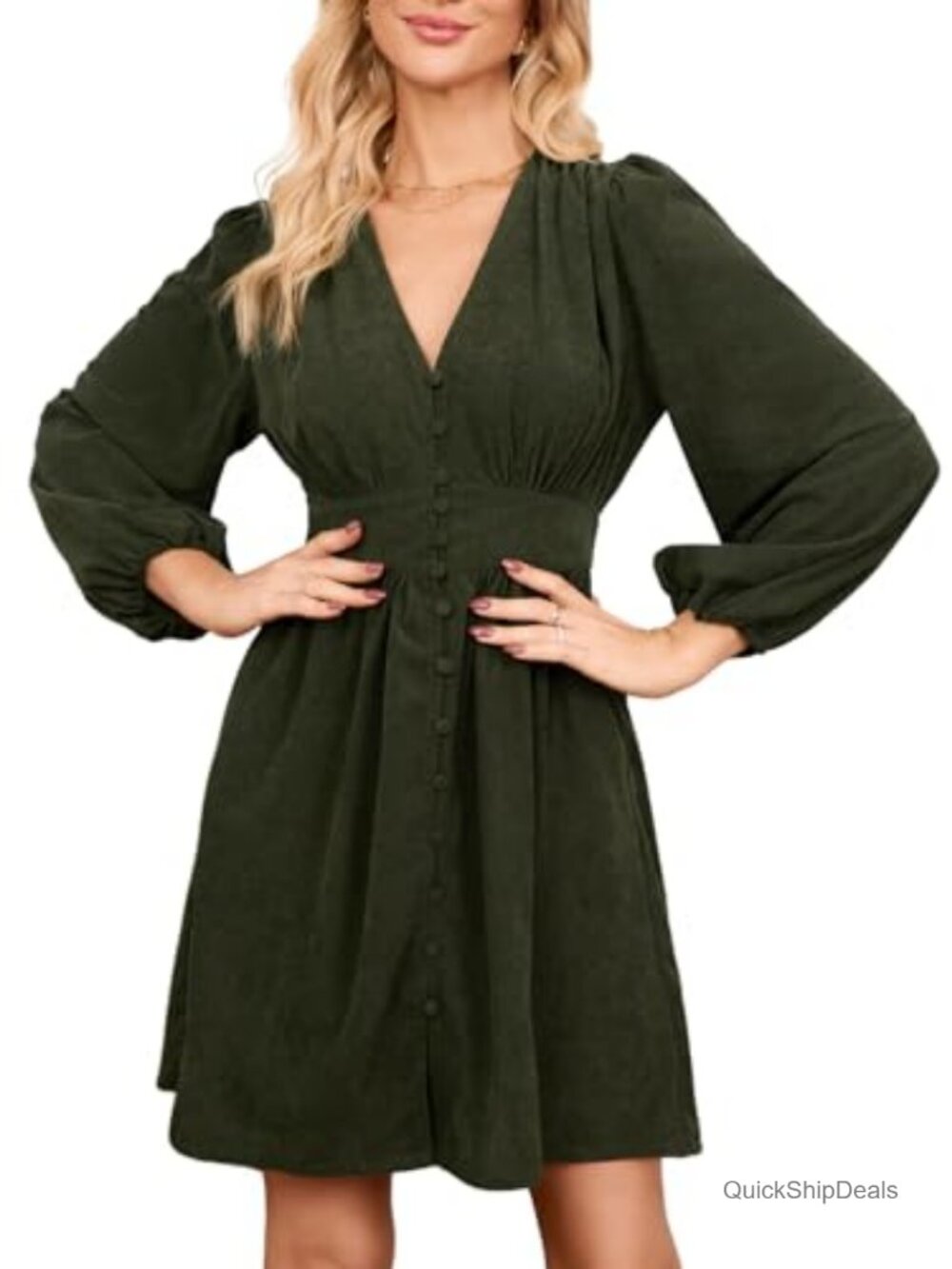 Women's Corduroy A-Line Mini Dress Long Sleeve V-Neck Button Front Fall Dress